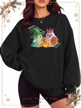 Womens Oversized Crewneck Halloween Graphic Sweatshirt Cotton Blend